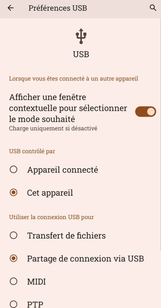 Partage de connexion via USB.