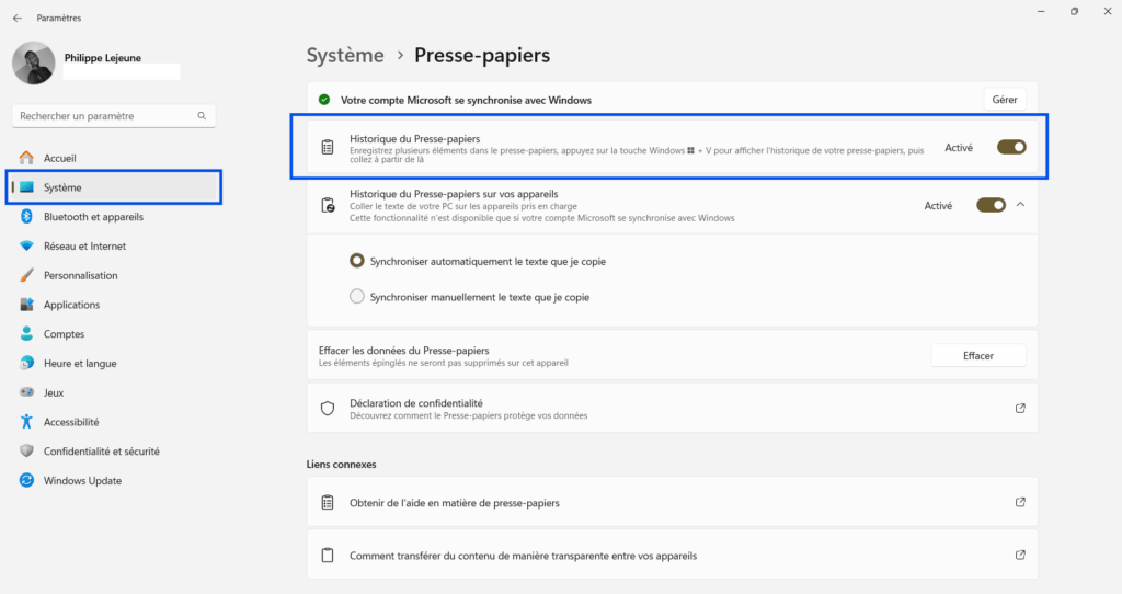 Paramètres de presse-papier